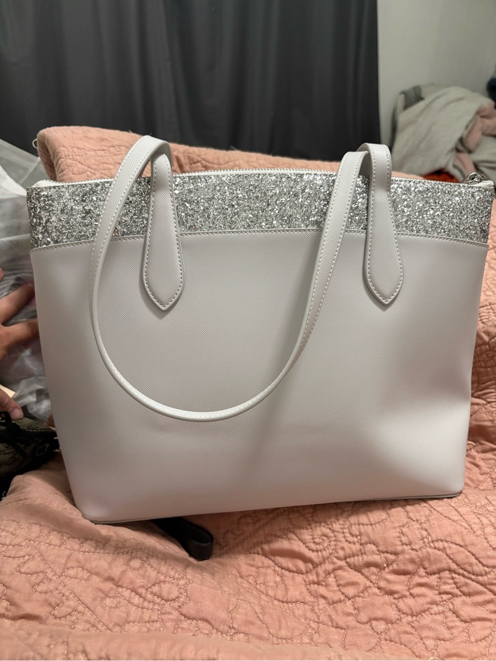 Low start $5 kate spade White Tote with Silver Glitter Trim - Picture 3 of 7
